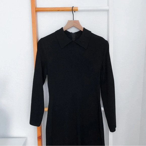 St. John Point Collar Ribbed Mini Dress Long Sleeve Black Wednesday Addams - Picture 3 of 11